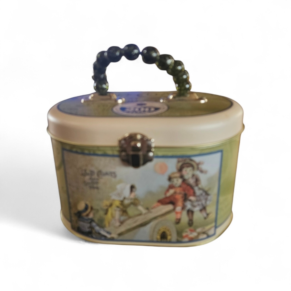 J.P. Coats Tin Box Clark's Mile-End Spool Cotton Tin Beaded Handle VG Condition